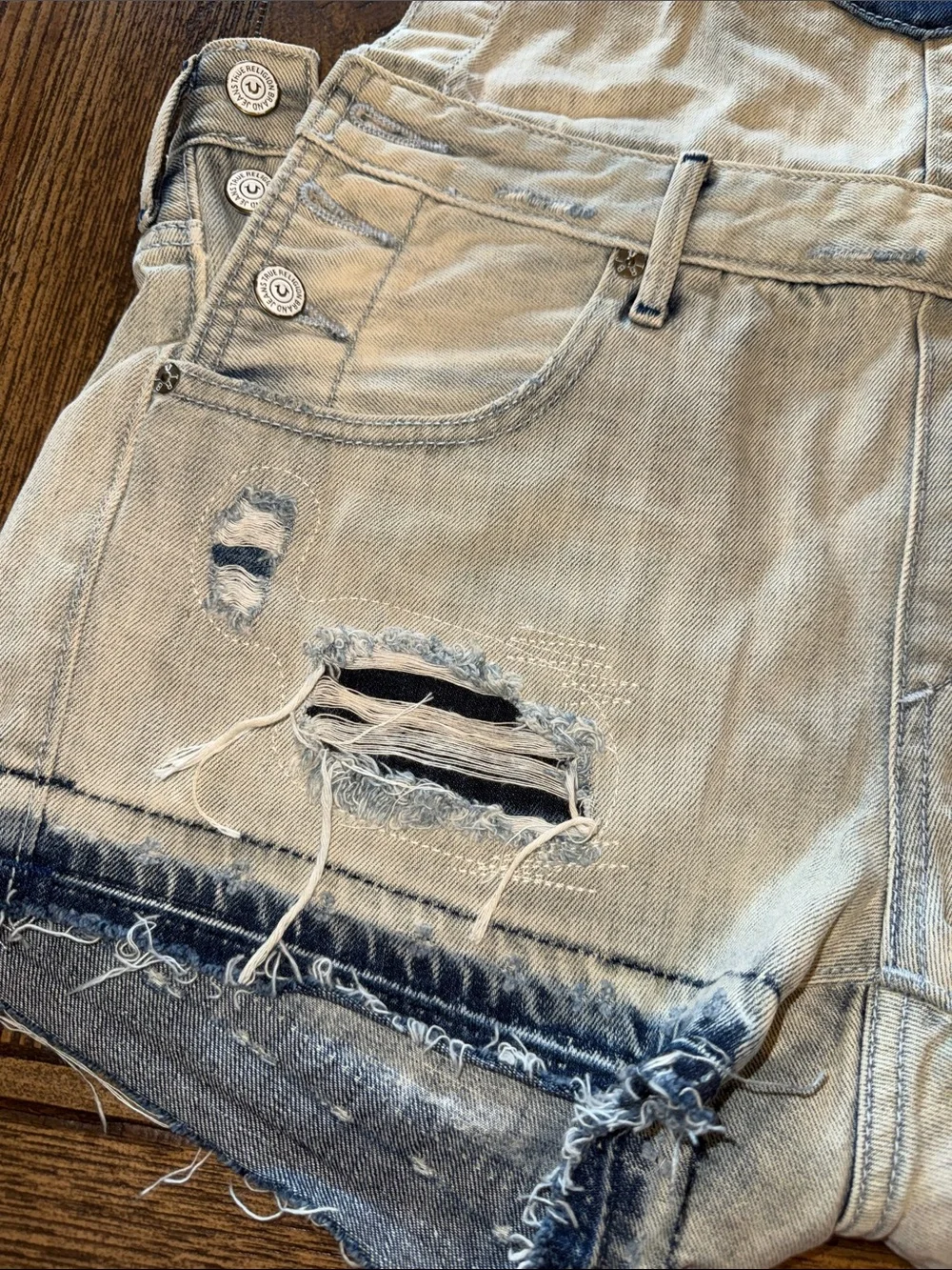 True Religion Two-Tone White Beige and Dark Blue Denim Short Overalls